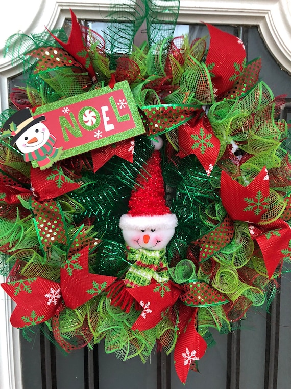 Festive Christmas Holiday Season Snowman Deco Mesh Wreath Etsy