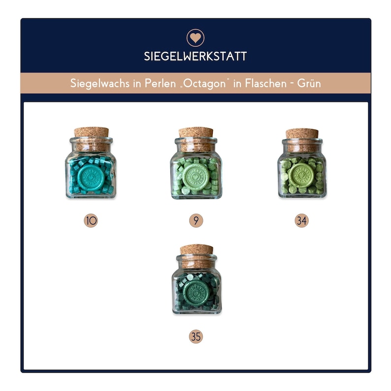 May include: Four glass jars filled with green sealing wax beads. The jars have cork lids and are labeled with numbers 10, 9, 34, and 35. The text "Siegelwachs in Perlen .Octagon' in Flaschen - Gr&uuml;n" is displayed above the jars.