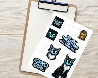 Luces apagadas / Hoja de pegatinas de neón / Máscara X Ojos de gato + Chica buena / Chico bueno + Matar / Quedarse / Pegatinas para portátil Kindle