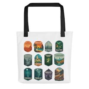 Fantasy Travel Sticker Tote – 12 Legendary Locations from Throne of Glass Tote bag