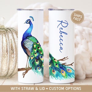 Personalized Peacock Tumbler, Watercolor Peacock Gifts, Custom Peacock Mug, Teal Peacock Feathers Cup, Peacock Tail Feathers Bird lover Gift