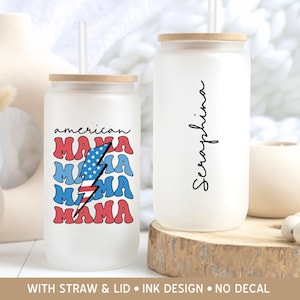 American Mama Frosted Glass Tumbler, 4th of July Mama Retro Iced Coffee Cup, Patriotic Mom American Flag Lightning Bolt All American Mom Mug