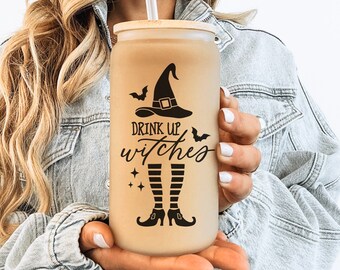 Drink Up Witches Frosted Glass Tumbler, Best Friend Halloween Witch Party Favors, Best Friend Matching Halloween Iced Coffee Cup, Bestie Mug