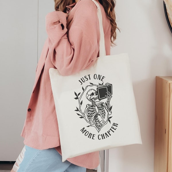 Bookish Tote Bag, Just One More Chapter Skeleton Tote Personalized Gift, Library Tote Bag Canvas Tote Bag, Readers Bookworm Bags for Women