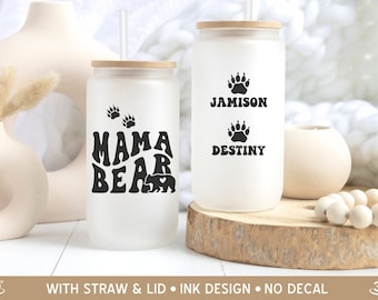 Mama Iced Coffee Glass Tumbler, Autism Mama Bear Cup Frosted Cup, Cute Mama Bear Cubs Gift 16oz Sipper Glass, Don't Mess With Mama Bear Mug