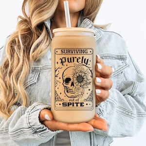 Surviving Purely Out of Spite Frosted Glass Tumbler, Sarcasm Dark Humor Iced Coffee Cup, Floral Skeleton Tarot Card Goth Mug, Gothic Gifts