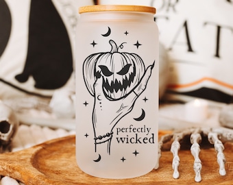 Perfectly Wicked Witchy Pumpkin Iced Coffee Cup, Fall Glass Tumbler, Frosted Glass Halloween Mug, Iced Coffee Can with Bamboo Lid and Straw