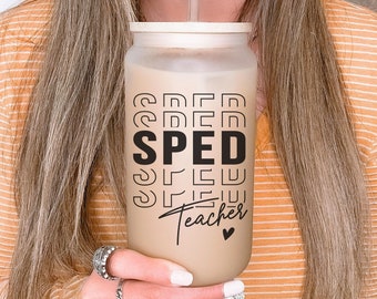 Special Education Teacher Gifts Iced Coffee Cup, SPED Teacher Glass Tumbler, SPED Squad Frosted Glass Iced Coffee Can, Back to School Gift