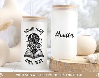 Taza de café helado con hongos, taza de vidrio con hongos celestiales que cultivas a tu manera, vaso con hongos mágicos, regalos de hongos mágicos para ella, taza helada