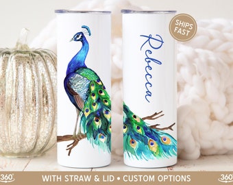 Personalized Peacock Tumbler, Watercolor Peacock Gifts, Custom Peacock Mug, Teal Peacock Feathers Cup, Peacock Tail Feathers Bird lover Gift