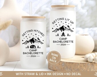 Camp Bachelorette Cups, Camp Bach Frosted Glass Tumbler, Camping Bachelorette Iced Coffee Cup, Bach Party Gift Mug, Custom Bach Party Favors