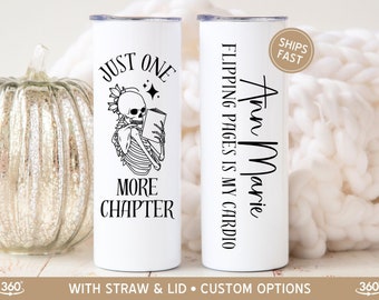 Custom Book Lover Gift, Just One More Chapter Skeleton Book Tumbler Cup, Easily Distracted by Books Coffee Mug, Bookish Dark Romance Reader