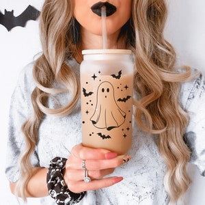 Ice Coffee Cup With Bamboo Lids And Glass Straw, Ghost Pumpkin Bat