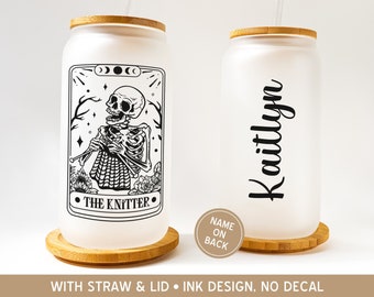 Knitting Gifts for Knitters Frosted Glass Tumbler, Knitter Gift Iced Coffee Cup, Funny Knitting Travel Mug, Skeleton Tarot Card Knitting Mug