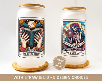 Personalized Book Lover Tarot Card Frosted Glass Tumbler, Book Lovers Gift for Women, Reading Lover Mug, Reader Accessories Iced Coffee Cup