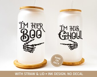 Parejas Halloween vaso de vidrio esmerilado, su y su taza de café helado de Halloween, su boo su taza de pareja esqueleto ghoul, regalos divertidos de pareja