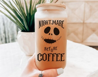 Nightmare Before Coffee Iced Coffee Cup, Skeleton Fall Glass Tumbler, Frosted Glass Halloween Mug, Iced Coffee Can with Bamboo Lid and Straw
