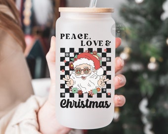 Retro Christmas Iced Coffee Glass, Peace Love Christmas Hippy Santa Claus Iced Coffee Cup, Frosted Glass Peace Sign Retro Santa Mug