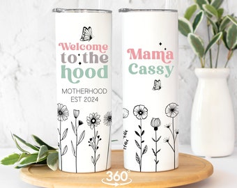 New Mother Tumbler Cup, Funny Motherhood Mom Established Gift, Retro Mom Mug, Retro Mama Est, Floral Mama Travel Mug, First Pregnancy Gift