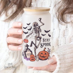 Stay Spooky Skeleton Iced Coffee Tumbler, Halloween Bats Pumpkin Mug, Fall Iced Coffee Glass, Frosted Glass Halloween Mug, Iced Coffee Can