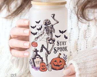 Stay Spooky Skeleton Iced Coffee Tumbler, Halloween Bats Pumpkin Mug, Fall Iced Coffee Glass, Frosted Glass Halloween Mug, Iced Coffee Can