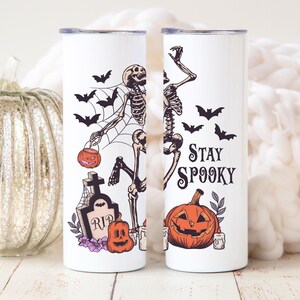 Stay Spooky Halloween Tumbler Cup, Dancing Skeleton, Halloween Pumpkin and Bats Flying Cup, Spooky Season Fall Cups, Funny Halloween Gift