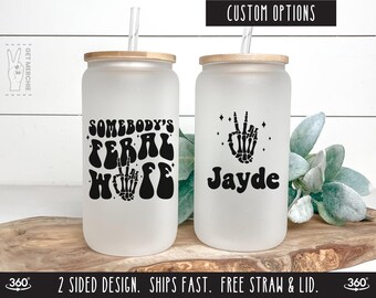 Somebodys Feral Wife Frosted Glass Tumbler, Funny Wife Gifts, Retro Wife Life Tumbler, Sarcastic Wife Mug, Wife Anniversary Iced Coffee Cup