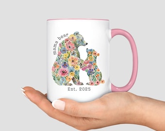 Mama Bear Mug, Mama Est Coffee Mug, Personalized New Mom Gift, Mimi Bear Cub Family Mug, Custom New Mom Mug, Mom Coffee Cup, Mom Flower Mug