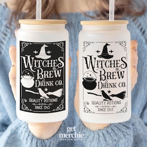 Witches Brew Coffee Co Iced Coffee Cup, Fall Glass Tumbler, Frosted Glass Halloween Mug, Potion Iced Coffee Can with Bamboo Lid and Straw