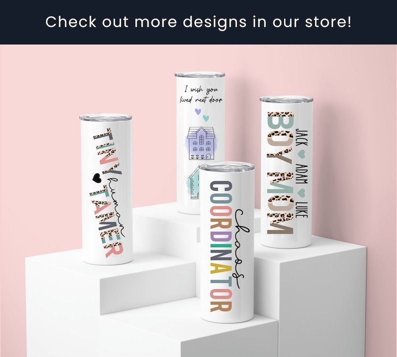 a group of three personalized tumbles sitting on top of a shelf