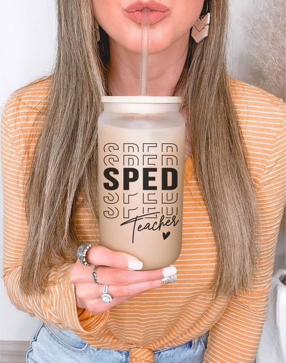 Special Education Teacher Gifts Iced Coffee Cup, SPED Teacher Glass Tumbler, SPED Squad Frosted Glass Iced Coffee Can, Back to School Gift