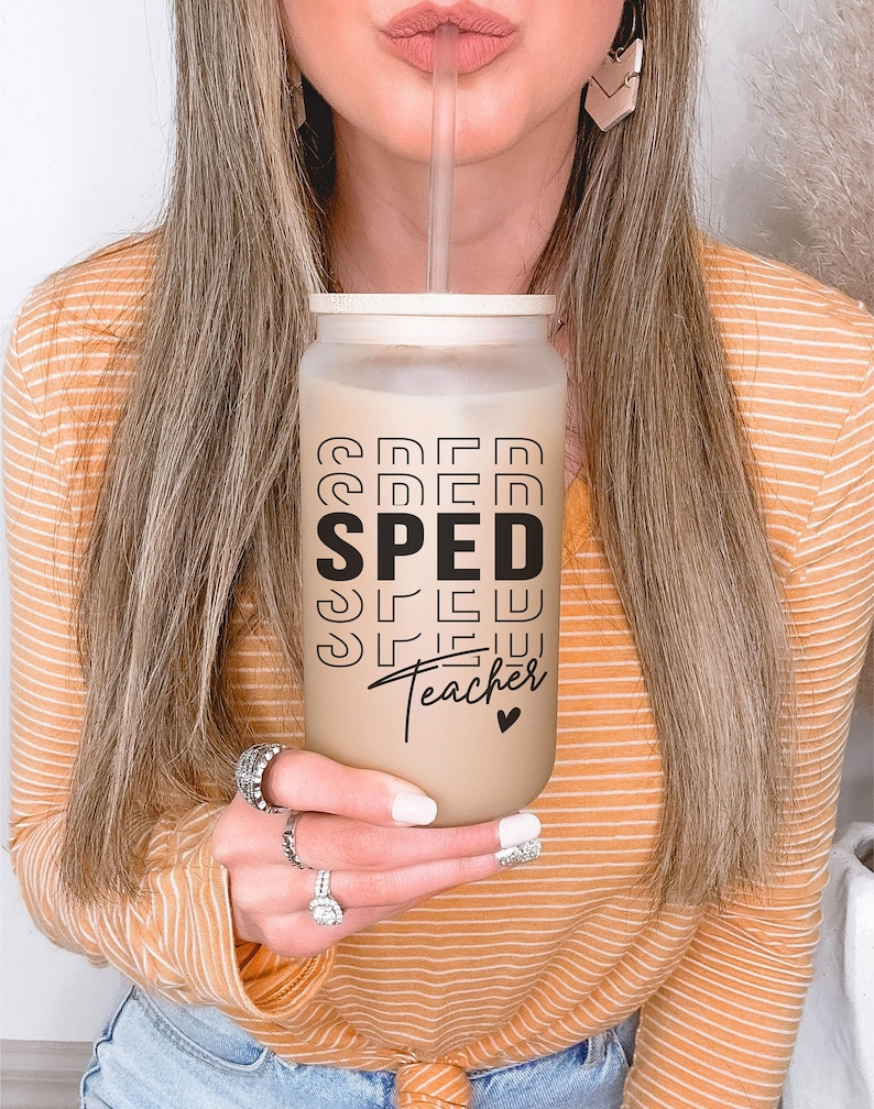 Special Education Teacher Gifts Iced Coffee Cup, SPED Teacher Glass Tumbler, SPED Squad Frosted Glass Iced Coffee Can, Back to School Gift image 1