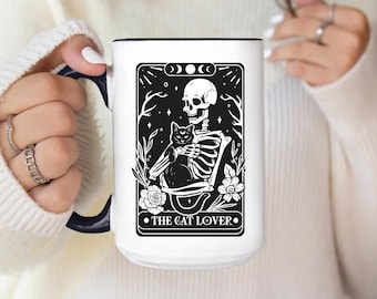 The Cat Lover Tarot Card Mug, Skeleton and Crazy Cat Lady Mug, Cat Lover Birthday Gift, Black Cat Owner Coffee Cup, Cat Mama Cat Mom Mug