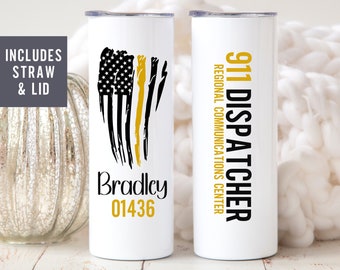 911 Dispatcher Gifts for Telecommunicator Week, 20oz or 30oz 911 Dispatcher Tumbler, Thin Gold Line Telecommunications Week Dispatcher Flag