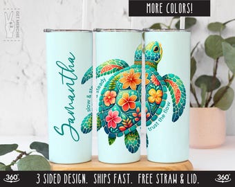 Personalized Sea Turtle Tumbler, Floral Sea Turtle Gifts, Flower Sea Turtle Lover Gift, Sea Turtle Coffee Mug, Beach Lover Hawaiian Cup