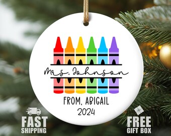 Teacher Christmas Ornament, Personalized Teacher Gift, Crayon Ornament, Daycare Teacher Gift, Custom Xmas Gift, Babysitter Gift