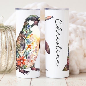 Personalized Penguin Gift for Women, Cute Penguin Tumbler, Penguin Flower Tumbler, Floral Penguin Mug Penguin Themed Gift for Penguin Lovers