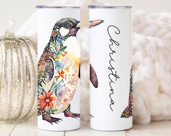 Personalized Penguin Gift for Women, Cute Penguin Tumbler, Penguin Flower Tumbler, Floral Penguin Mug Penguin Themed Gift for Penguin Lovers