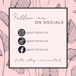 a pink background with black and white leaves and the words follow me on socials