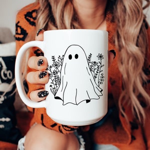 Wildflower Ghost Coffee Mug, Cute Ghost Coffee Cup, Floral Ghost Halloween Gift for Ghost Lover Gift, Fall Ghost Pretty Ghost Halloween Mug