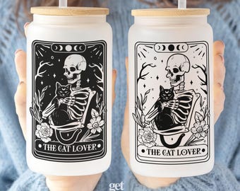 The Cat Lover Tarot Card Frosted Glass Tumbler, Skeleton and Crazy Cat Lady Mug, Cat Lover Birthday Gift, Black Cat Owner Iced Coffee Cup