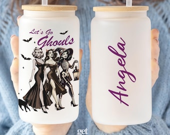 Let's Go Ghouls Halloween Frosted Glass Tumbler, Vintage Halloween Iced Coffee Cup, Retro Halloween Friends Let's Go Ghouls Bachelorette Mug