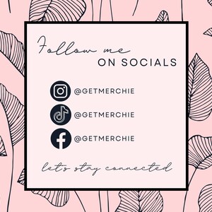 a pink background with black and white leaves and the words follow me on socials