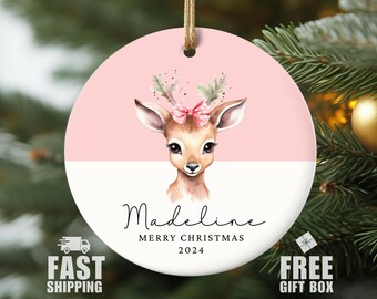 Personalized Pink Reindeer Ornament, Girls Christmas Ornament, Pretty Watercolor Reindeer Ornament Girl Custom Child Name Kids Keepsake Gift