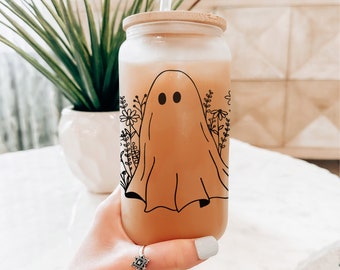 Wildflower Ghost Halloween Tumbler Ice Coffee Glass, Spooky Season Frosted Glass Tumbler, Fall Glass Can, Goth Halloween Mug Ghost Glass Cup