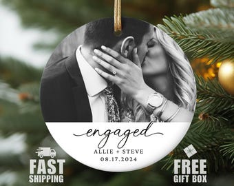 Custom Engagement Photo Ornament, Engaged Christmas Ornament, Engagement Ornament Engagement Gifts for Couple, Engagement Date Gift