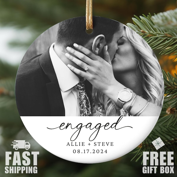 Custom Engagement Photo Ornament, Engaged Christmas Ornament, Engagement Ornament Engagement Gifts for Couple, Engagement Date Gift
