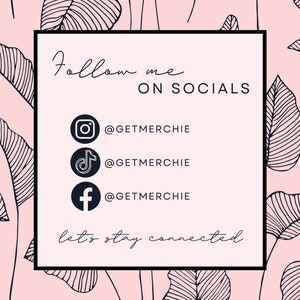 a pink background with black and white leaves and the words follow me on socials