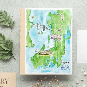 Carte de mariage aquarelle personnalisée, carte de Newport Rhode Island, carte de mariage personnalisée dessinée à la main pour réserver une date, itinéraire, papeterie