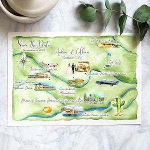 Benutzerdefinierte Aquarell Hochzeitskarte, Scottsdale Arizona Aquarell Karte, personalisierte Hand gezeichnete Hochzeit einladen
